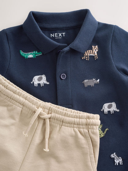 Navy All Over Embroidery Safari Animals Short Sleeve Polo Shirt and Shorts Set (3mths-7yrs) image 4