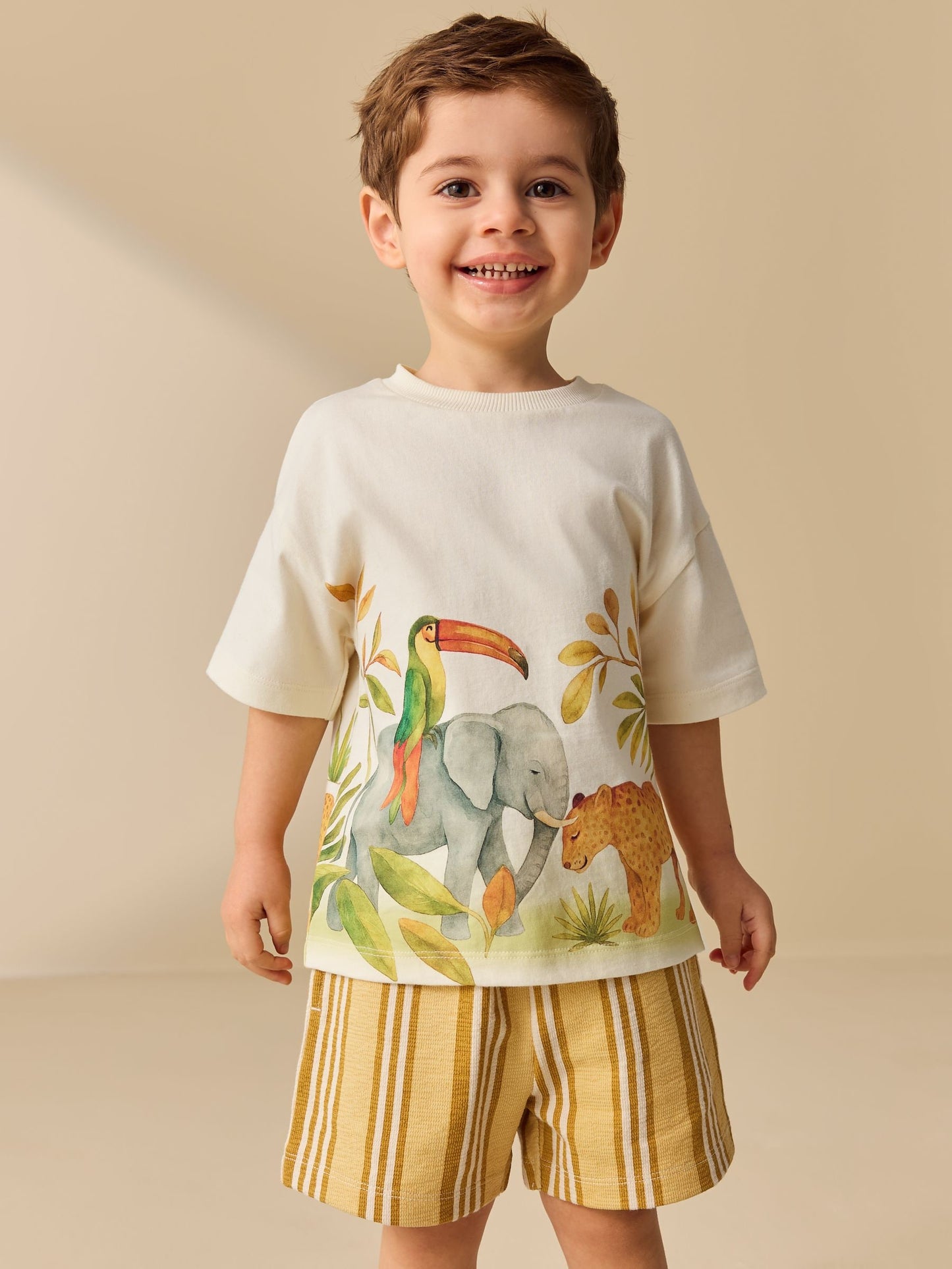 Light Yellow Watercolour Safari Short Sleeve Back Print T-Shirt and Shorts Set (3mths-7yrs) image 1
