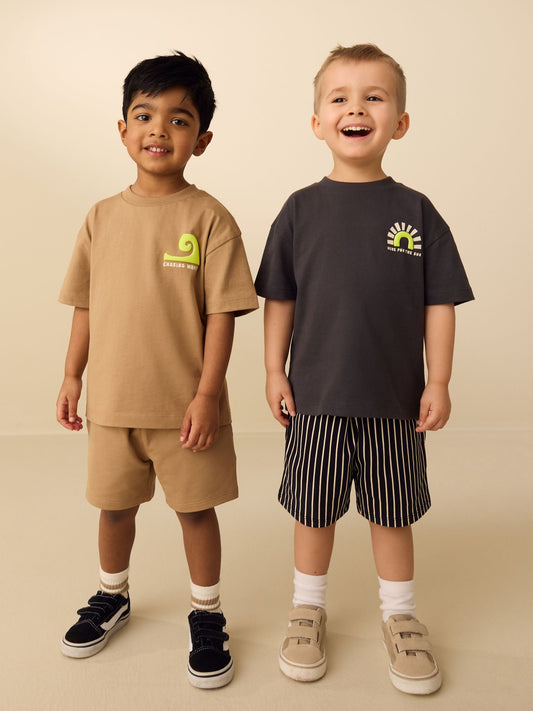 Black/Tan Waves Short Sleeve T-Shirt and Shorts Set 2 Pack (3mths-7yrs) image 1