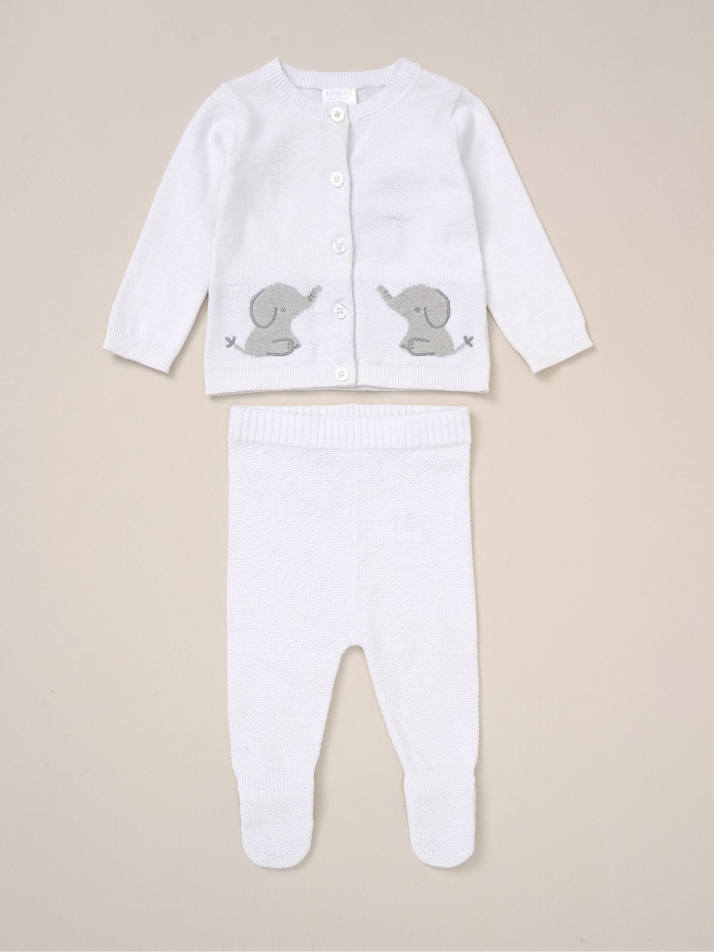 Rock-A-Bye Baby Boutique White True Knit Elephant Cardigan And Trousers Outfit Set image 1