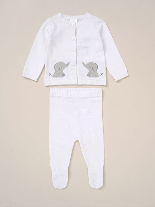 Rock-A-Bye Baby Boutique White True Knit Elephant Cardigan And Trousers Outfit Set image 1