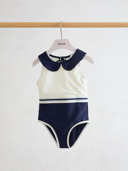 Reiss Navy Clara 3-9 yrs Peter Pan-Collar Colour-Block Swimsuit image 2