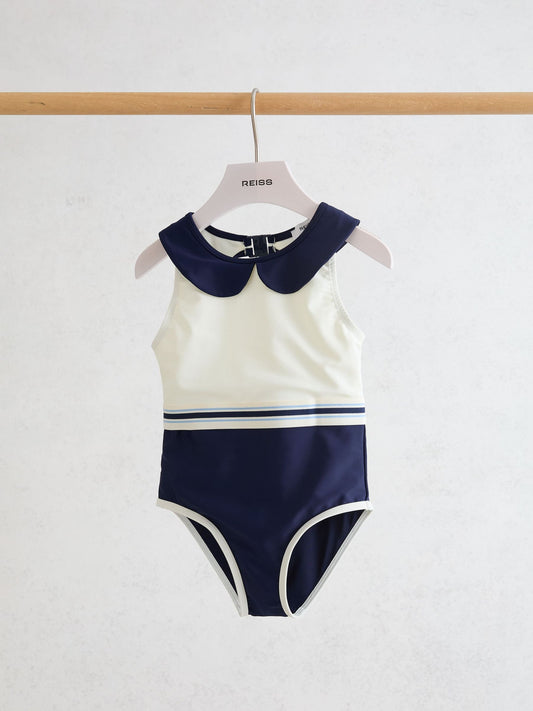 Reiss Navy Clara 3-9 yrs Peter Pan-Collar Colour-Block Swimsuit image 2