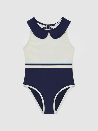 Reiss Navy Clara 3-9 yrs Peter Pan-Collar Colour-Block Swimsuit image 1