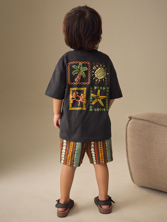 Charcoal Grey Printed Short Sleeve T-Shirt & Linen Blend Shorts Set (3mths-7yrs) image 1