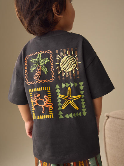 Charcoal Grey Printed Short Sleeve T-Shirt & Linen Blend Shorts Set (3mths-7yrs) image 3