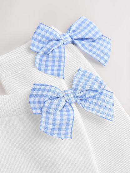 White with Blue Gingham Bow 2 Pack Cotton Rich Bow Knee High Socks image 3
