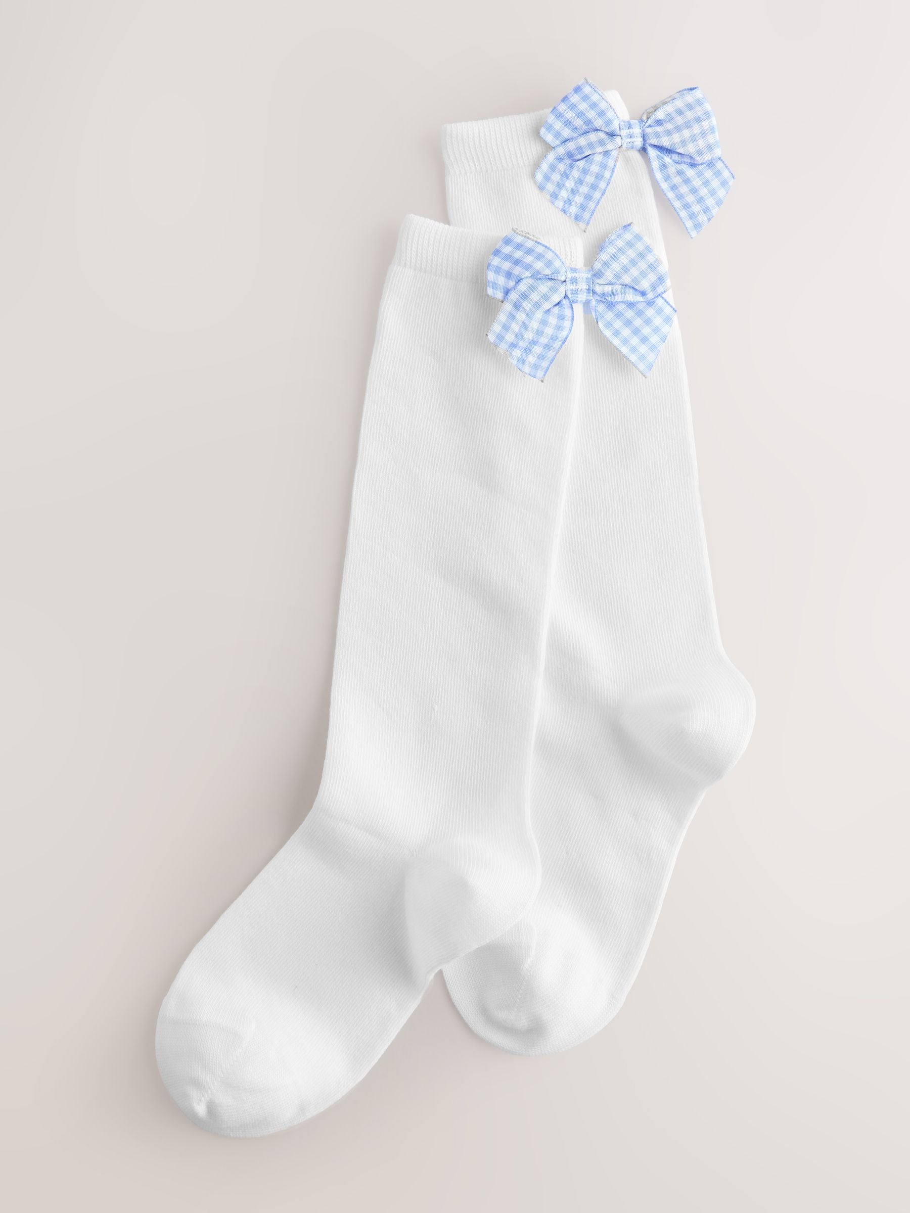 White with Blue Gingham Bow 2 Pack Cotton Rich Bow Knee High Socks image 1