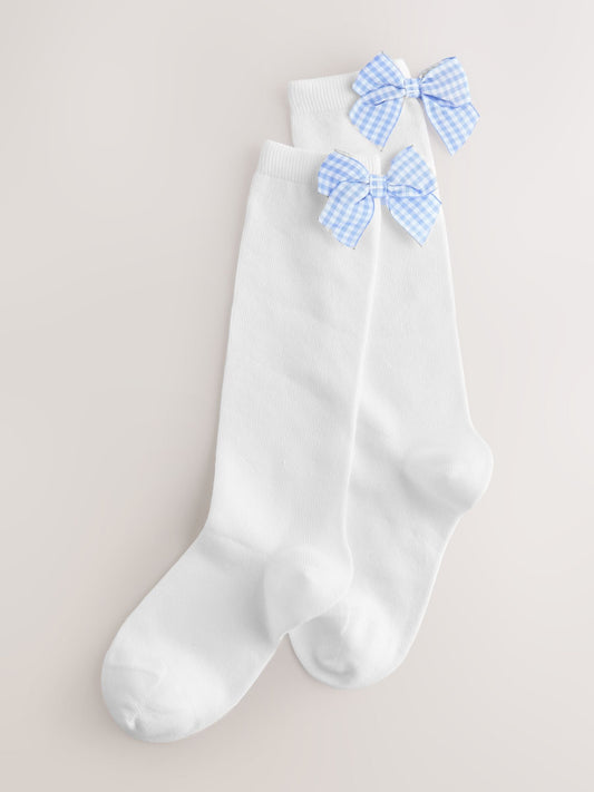 White with Blue Gingham Bow 2 Pack Cotton Rich Bow Knee High Socks image 1
