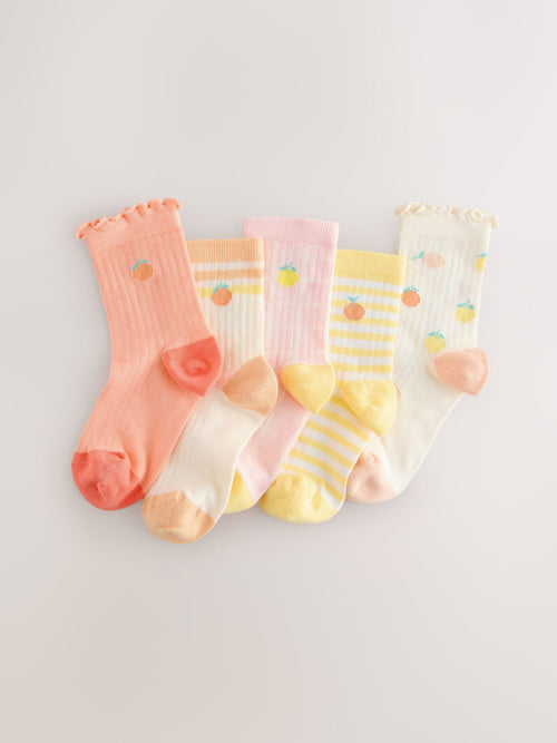 Peach Pink and Yellow Cotton Rich Ruffle Ankle Socks 5 Pack image 1