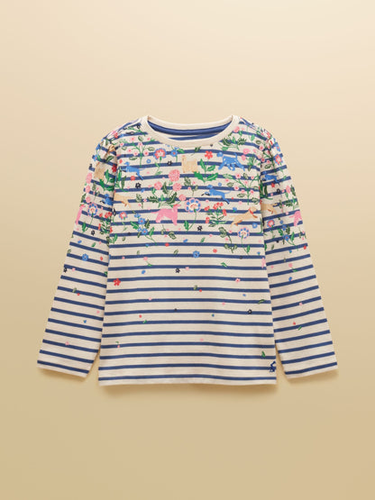 Dsiney Kidz - Joules Girls' Ava Cream & Blue Striped Long Sleeve Printed Cotton Top image 1