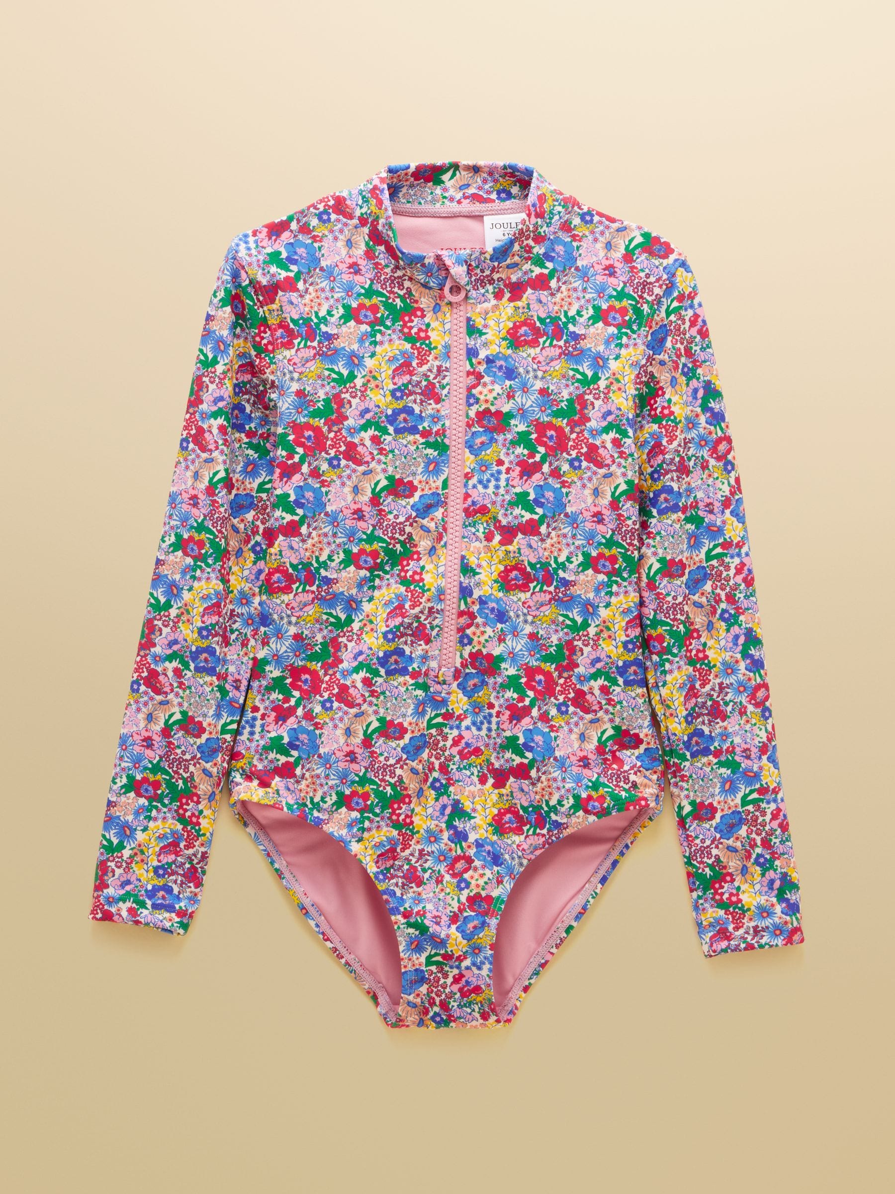 Joules Girls' Pink Ditsy Long Sleeve Sunsafe Swimsuit image 1
