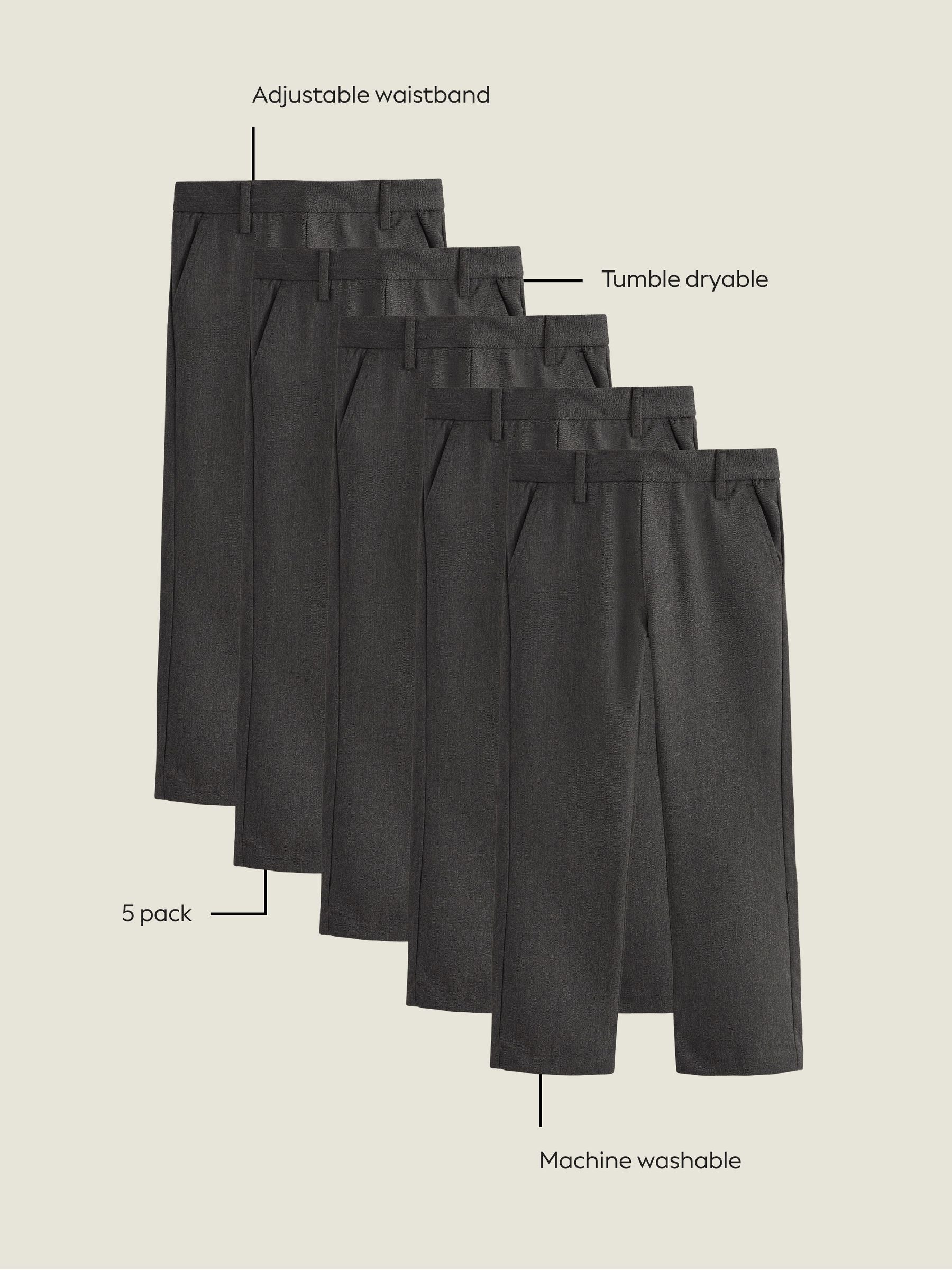 Dsiney Kidz - Grey Straight Leg Pull On Waist School Trousers 5 Pack (3-17yrs) image 4