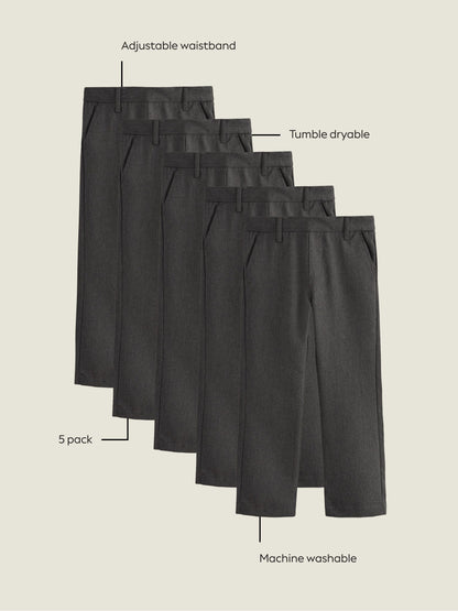 Dsiney Kidz - Grey Straight Leg Pull On Waist School Trousers 5 Pack (3-17yrs) image 4