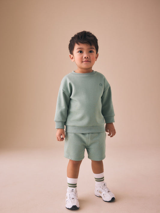 Sage Green Single Plain Crew Neck Sweatshirt and Shorts Set (3mths-7yrs) image 1