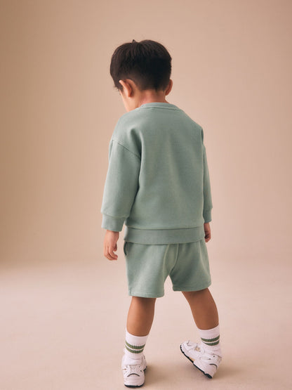 Sage Green Single Plain Crew Neck Sweatshirt and Shorts Set (3mths-7yrs) image 3