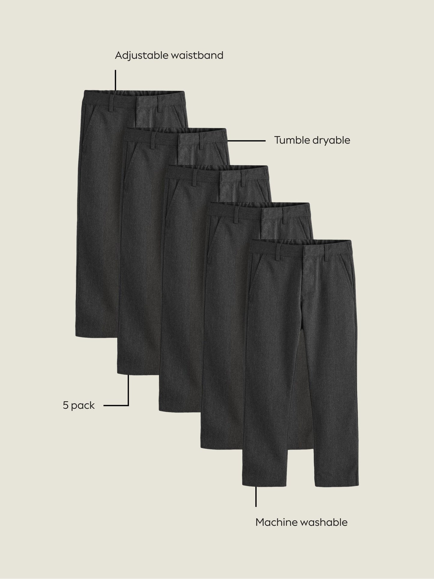 Dsiney Kidz - Grey Straight Leg School Trousers 5 Pack (3-17yrs) image 4