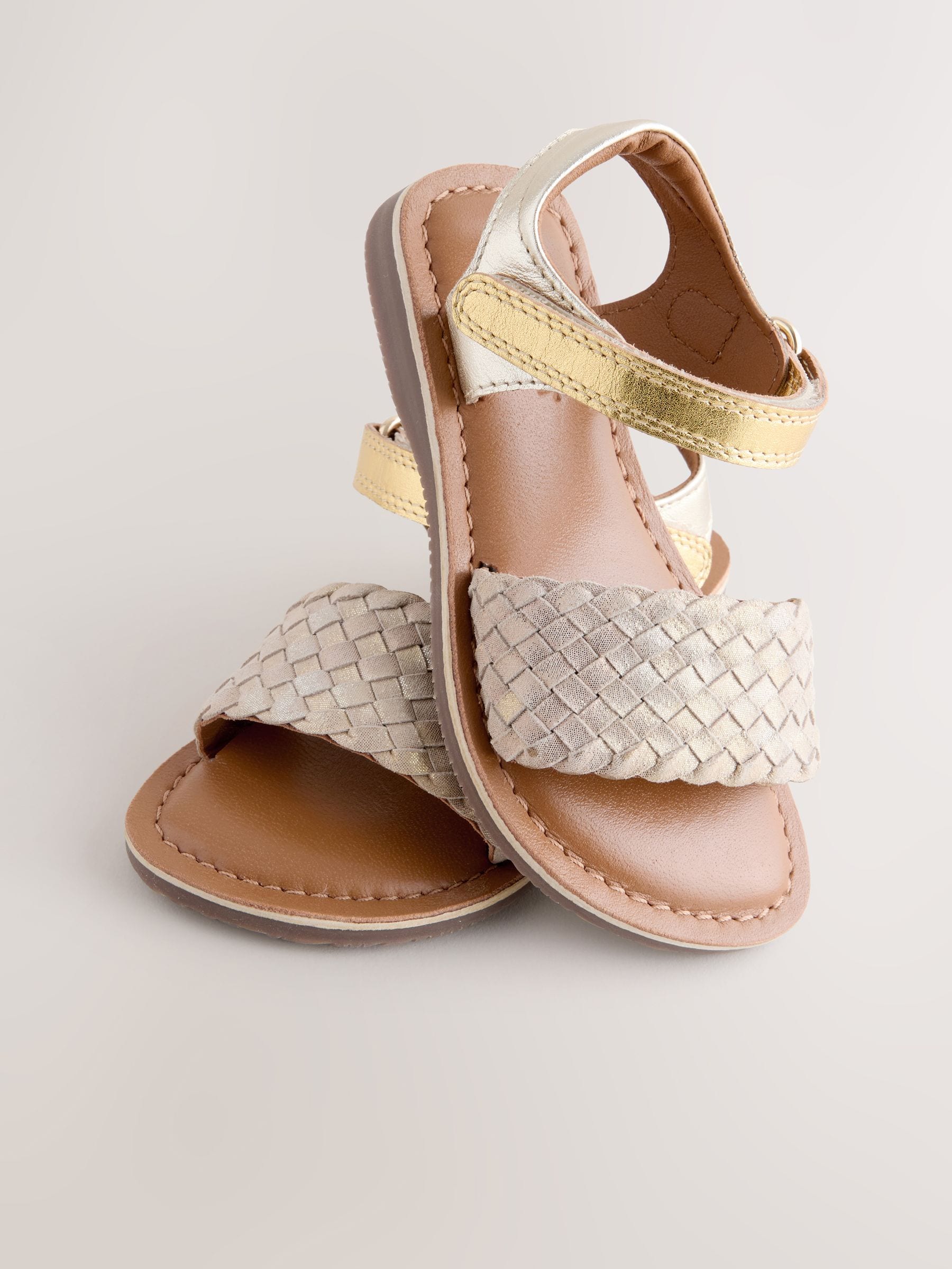 Gold Wide Fit (G) Leather Twist Sandals with Touch Fastening image 3