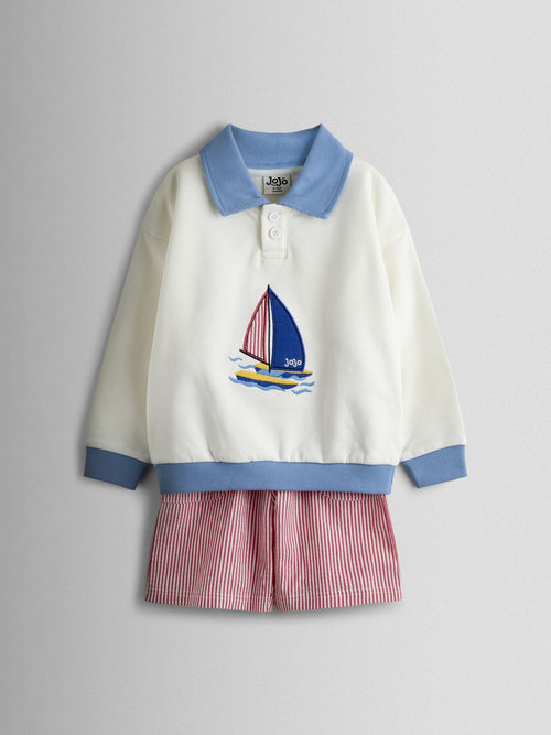 JoJo Maman Bébé Cream Boat 2-Piece Nautical Sweatshirt & Short Set image 1
