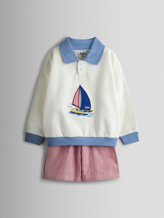 JoJo Maman Bébé Cream Boat 2-Piece Nautical Sweatshirt & Short Set image 1