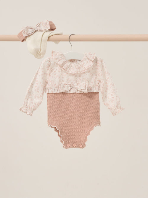 Rock-A-Bye Baby Boutique Pink True Knit Woven Romper And Bonnet Outfit Set image 1