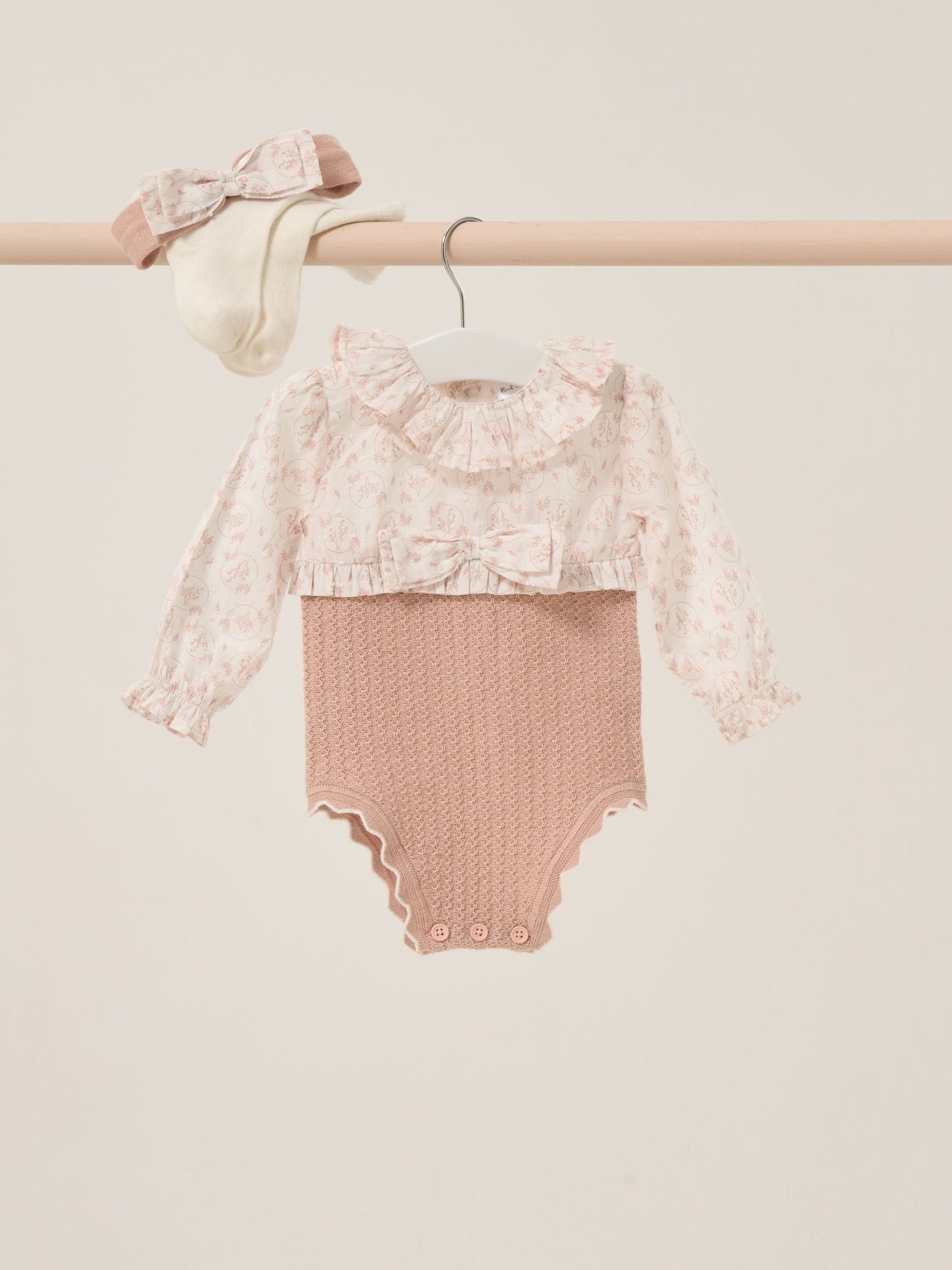 Rock-A-Bye Baby Boutique Pink True Knit Woven Romper And Bonnet Outfit Set image 1
