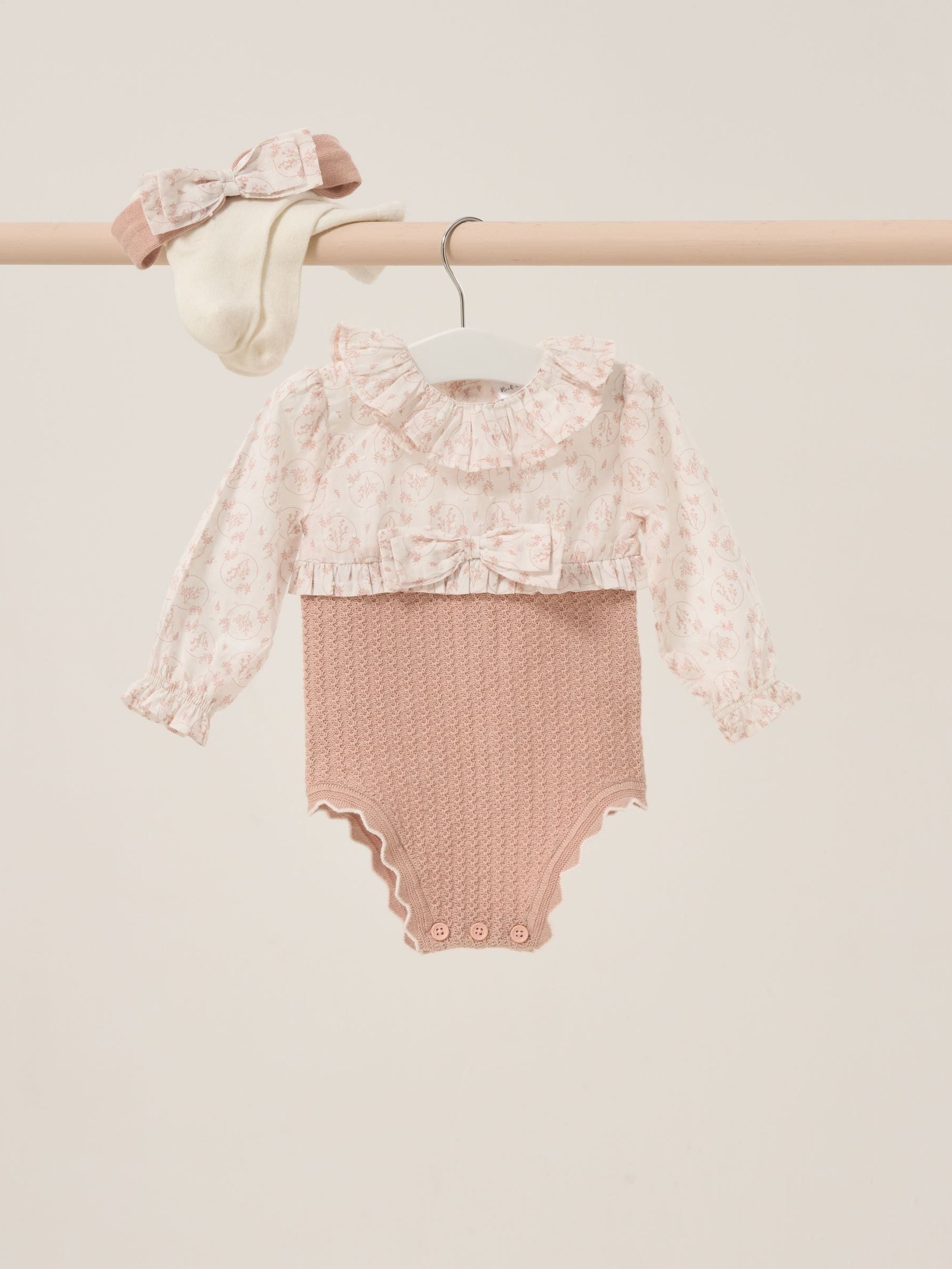 Rock-A-Bye Baby Boutique Pink True Knit Woven Romper And Bonnet Outfit Set image 1