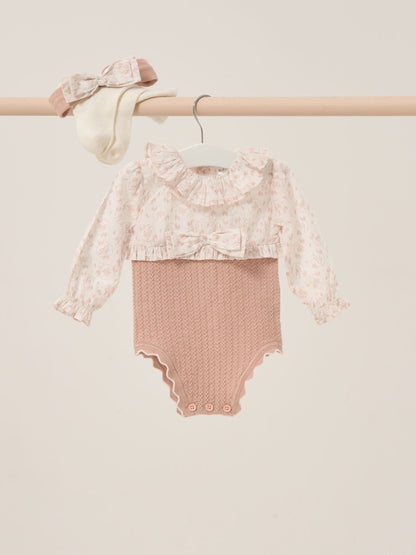 Rock-A-Bye Baby Boutique Pink True Knit Woven Romper And Bonnet Outfit Set image 1