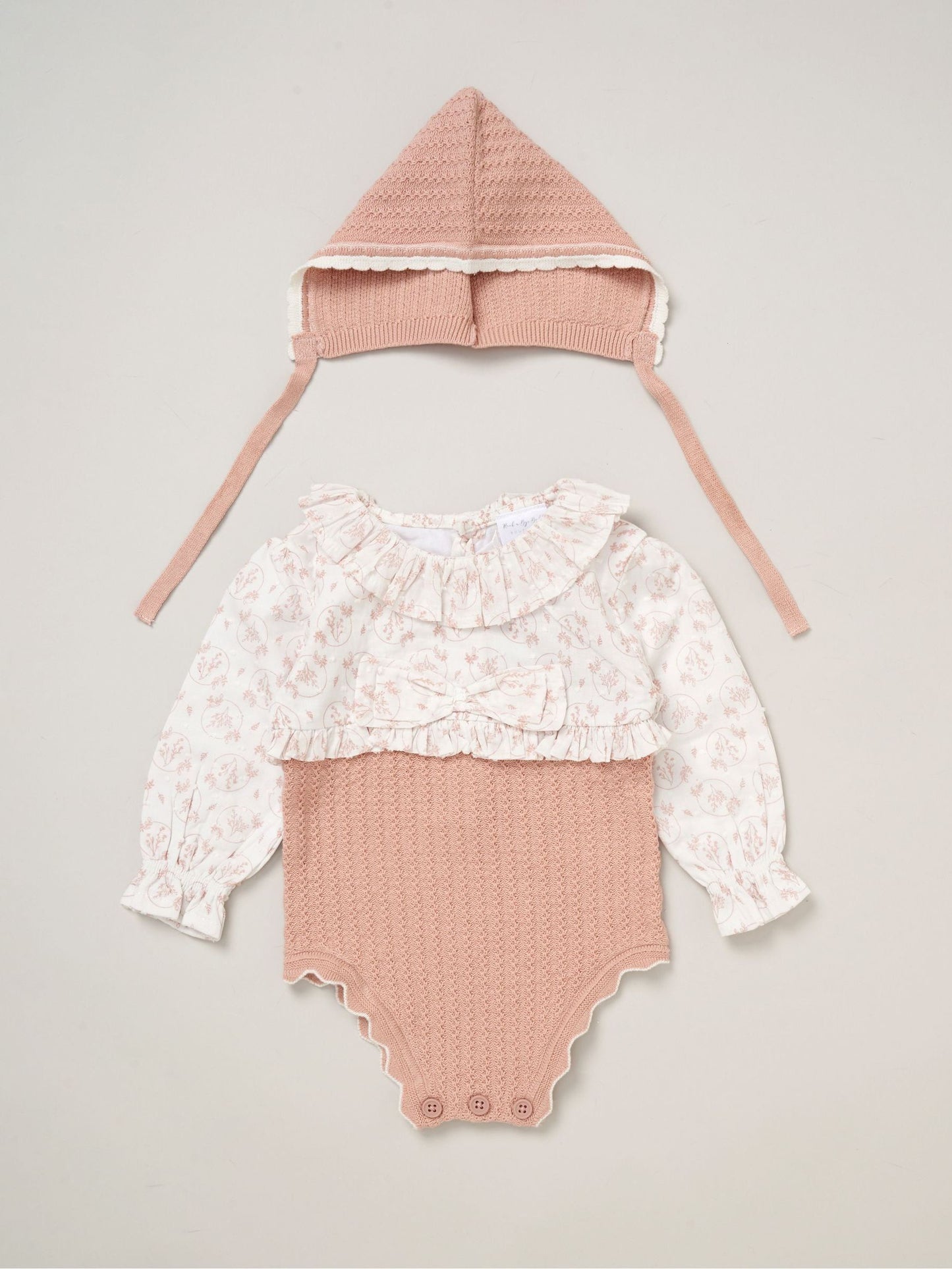 Rock-A-Bye Baby Boutique Pink True Knit Woven Romper And Bonnet Outfit Set image 2