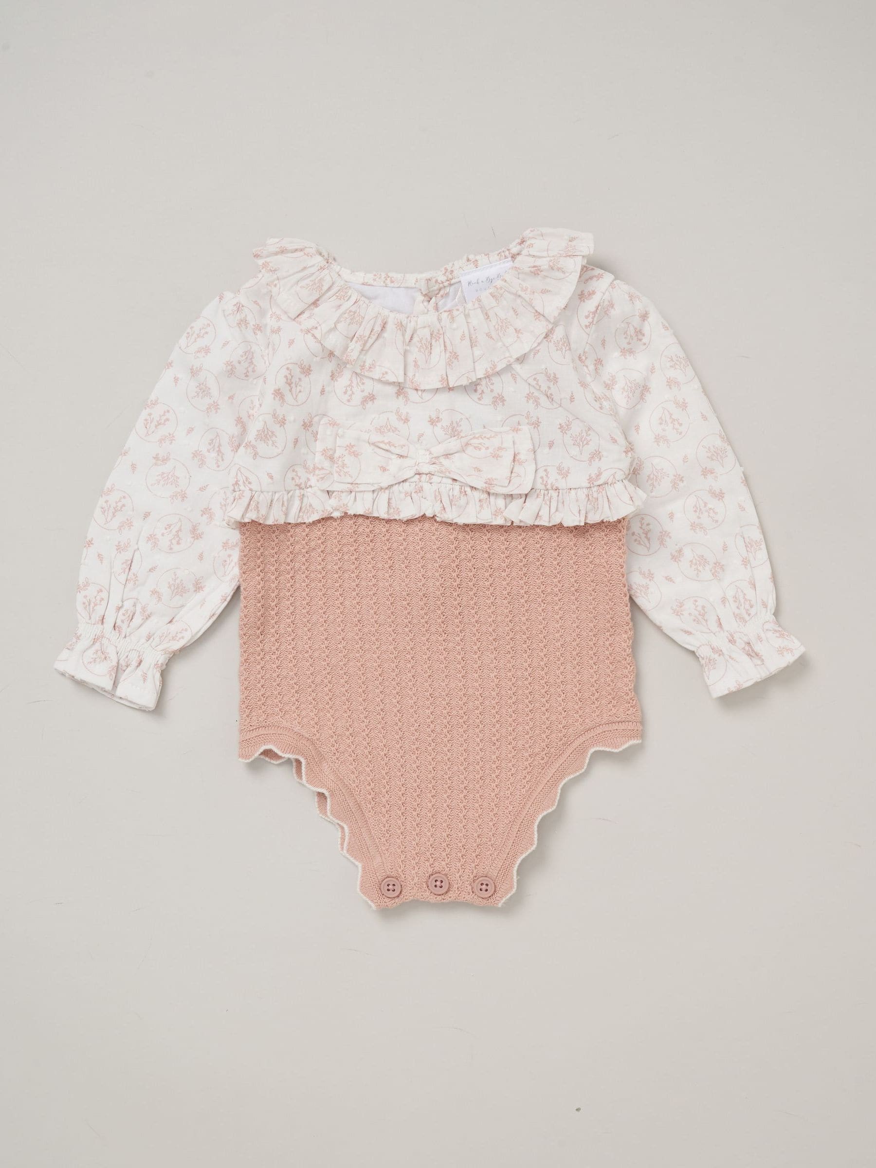 Rock-A-Bye Baby Boutique Pink True Knit Woven Romper And Bonnet Outfit Set image 3