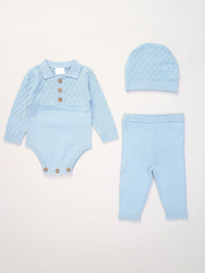 Rock-A-Bye Baby Boutique Blue True Knit Bodysuit With Rib Leggings And Hat Outfit Set image 1