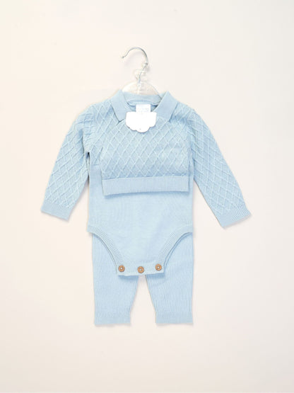 Rock-A-Bye Baby Boutique Blue True Knit Bodysuit With Rib Leggings And Hat Outfit Set image 2