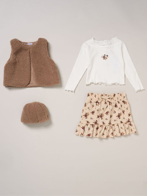 Miss Brown Faux Fur Gilet Rib Top Skirt And Bag Set image 1