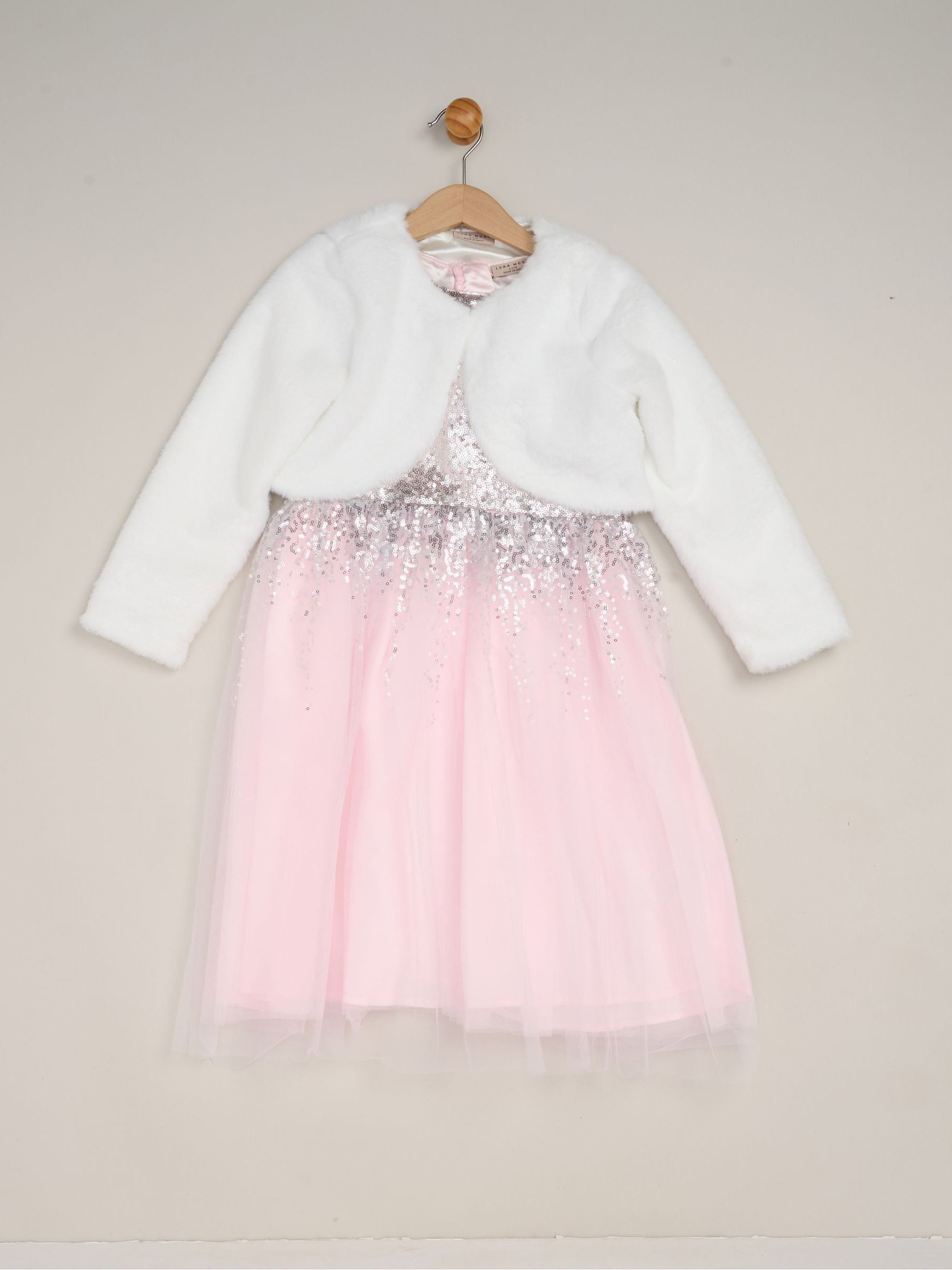 Miss Light Pink Waterfall Sequin Dress And Faux Fur Bolero Set image 1