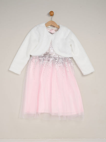Miss Light Pink Waterfall Sequin Dress And Faux Fur Bolero Set image 1