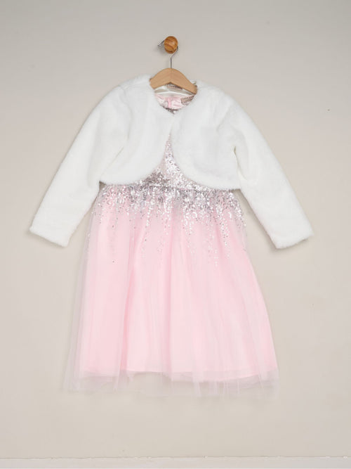 Miss Light Pink Waterfall Sequin Dress And Faux Fur Bolero Set image 1