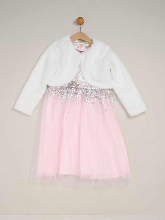 Miss Light Pink Waterfall Sequin Dress And Faux Fur Bolero Set image 1