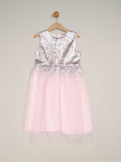 Miss Light Pink Waterfall Sequin Dress And Faux Fur Bolero Set image 3