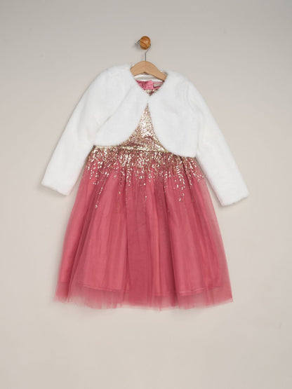 Miss Pink Waterfall Sequin Dress And Faux Fur Bolero Set image 1