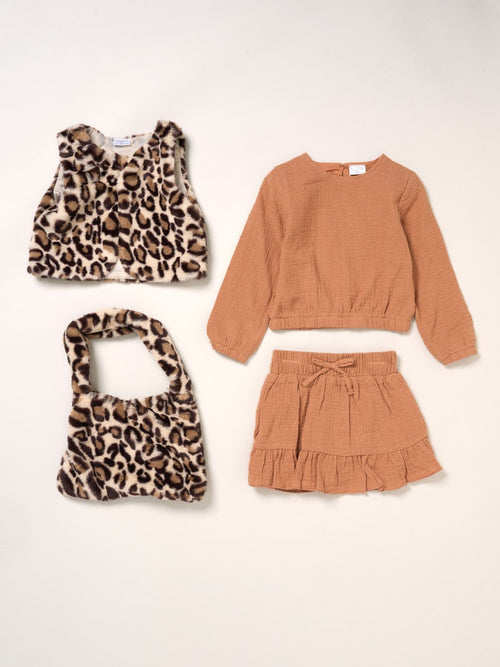 Miss Leopard Print/Brown Faux Fur Gilet Muslin Top And Skirt With Bag Set image 1