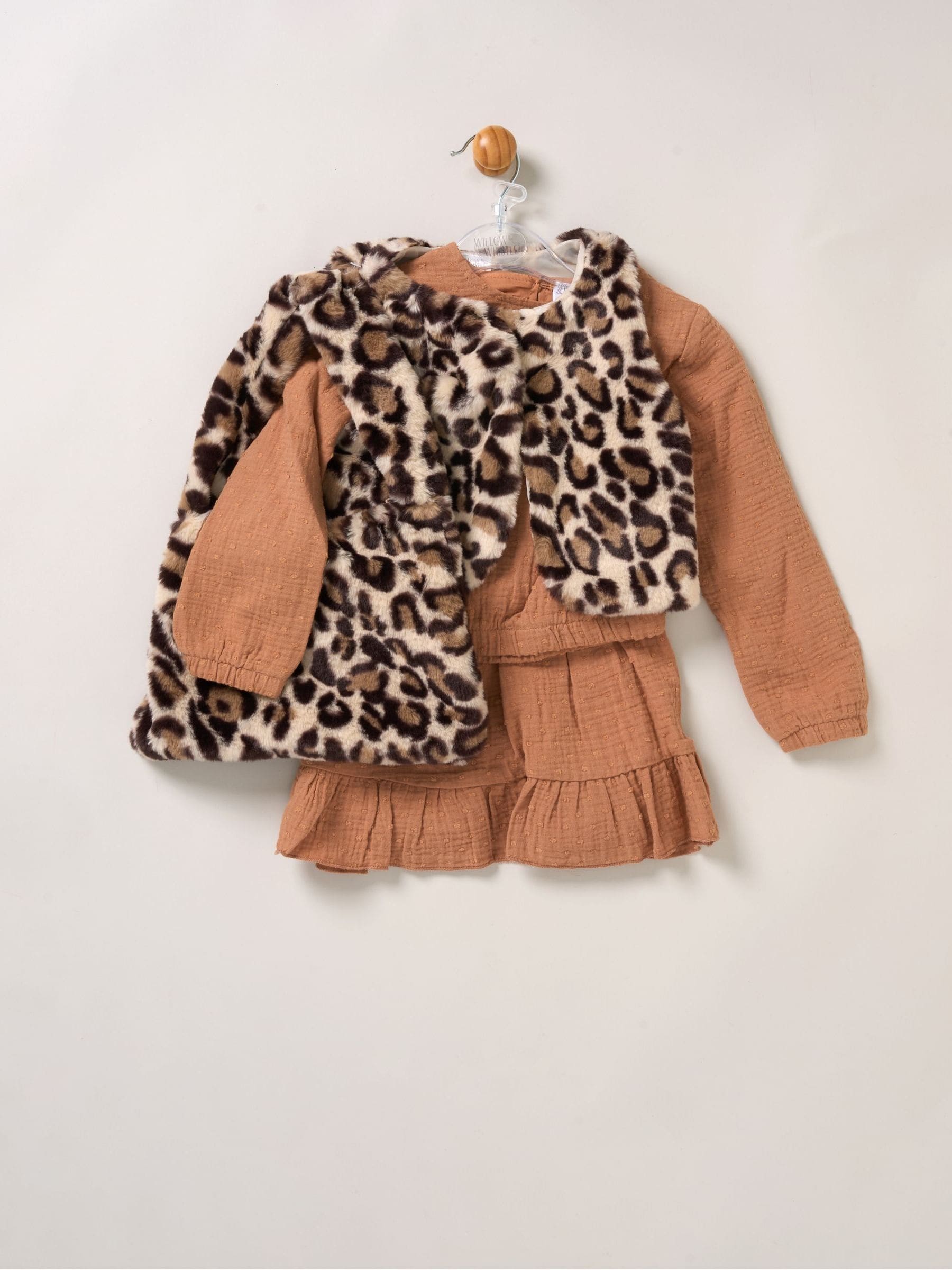 Miss Leopard Print/Brown Faux Fur Gilet Muslin Top And Skirt With Bag Set image 5