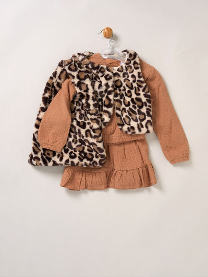 Miss Leopard Print/Brown Faux Fur Gilet Muslin Top And Skirt With Bag Set image 5