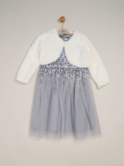 Miss Blue Waterfall Sequin Dress And Faux Fur Bolero Set image 1
