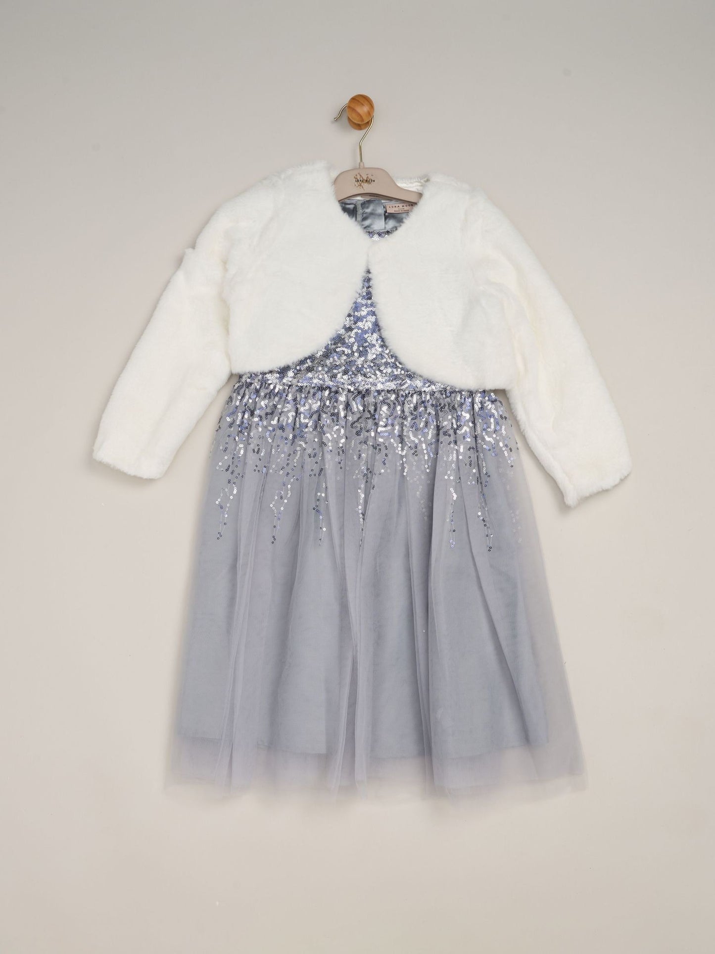 Miss Blue Waterfall Sequin Dress And Faux Fur Bolero Set image 1