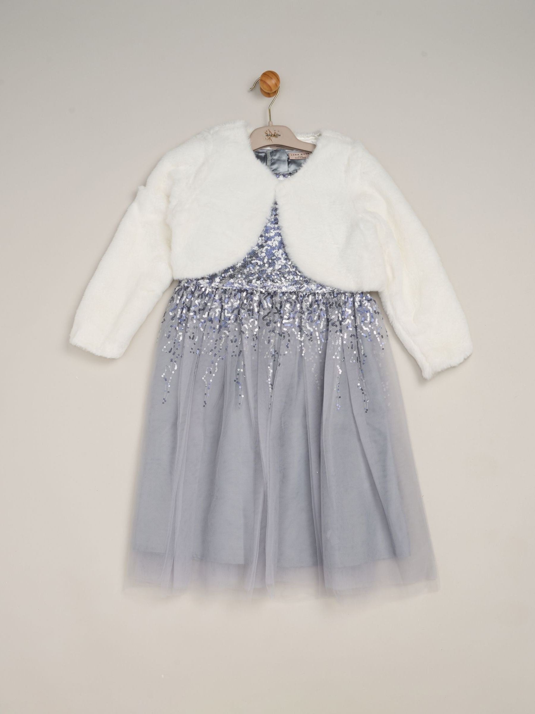 Miss Blue Waterfall Sequin Dress And Faux Fur Bolero Set image 1