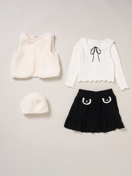 Dsiney Kidz - Miss White Faux Fur Gilet Beret Rib Top And Skirt Set image 1