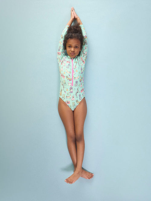 Dsiney Kidz - Joules Girls' Green Dogs Long Sleeve Sunsafe Swimsuit image 1