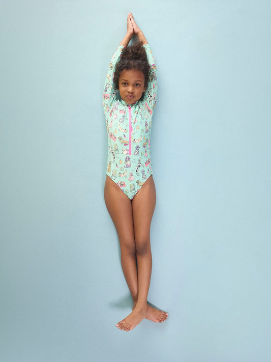 Dsiney Kidz - Joules Girls' Green Dogs Long Sleeve Sunsafe Swimsuit image 1