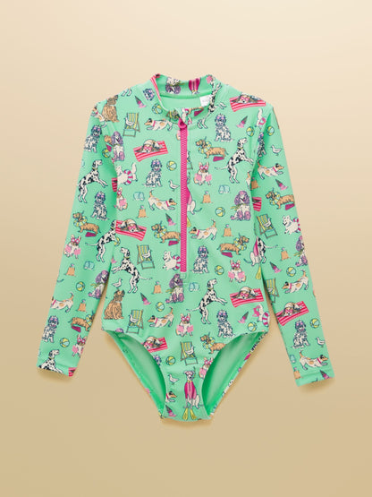 Joules Girls' Green Dogs Long Sleeve Sunsafe Swimsuit image 3