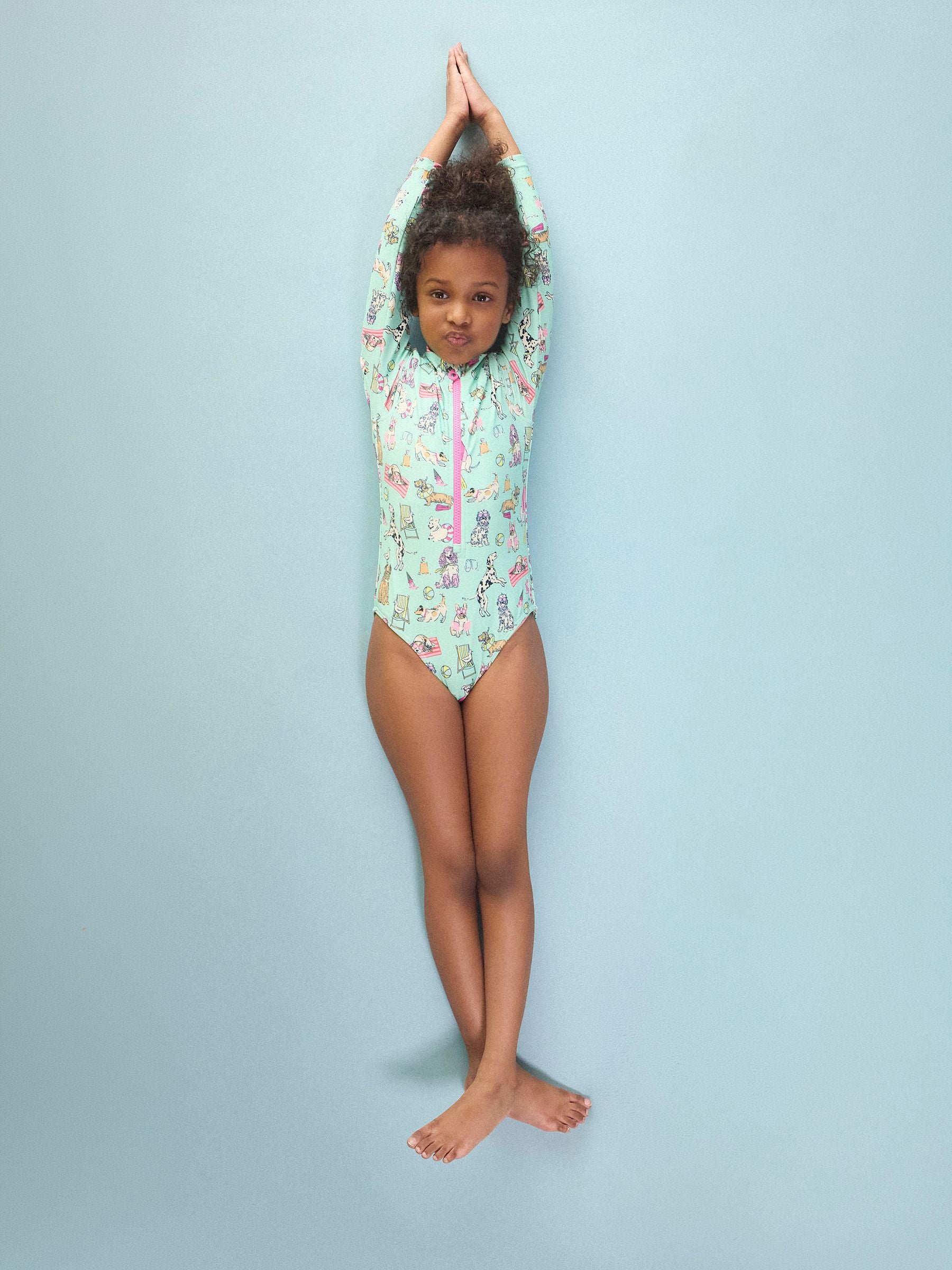 Joules Girls' Green Dogs Long Sleeve Sunsafe Swimsuit image 1